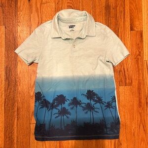 Lands End polo. Soft. Size L 10-12. Light blue w/ hombre & dk blue palm trees.
